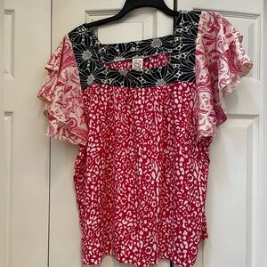 NWT - Grace and Emma Short Sleeve Blouse - Pink, Navy & White - Womans 2XL
